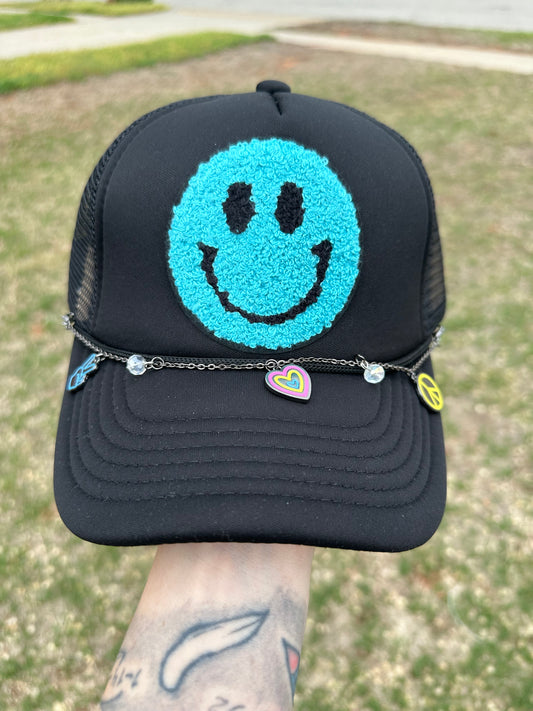 Blue Smiley Trucker Hat W/ Custom Chain